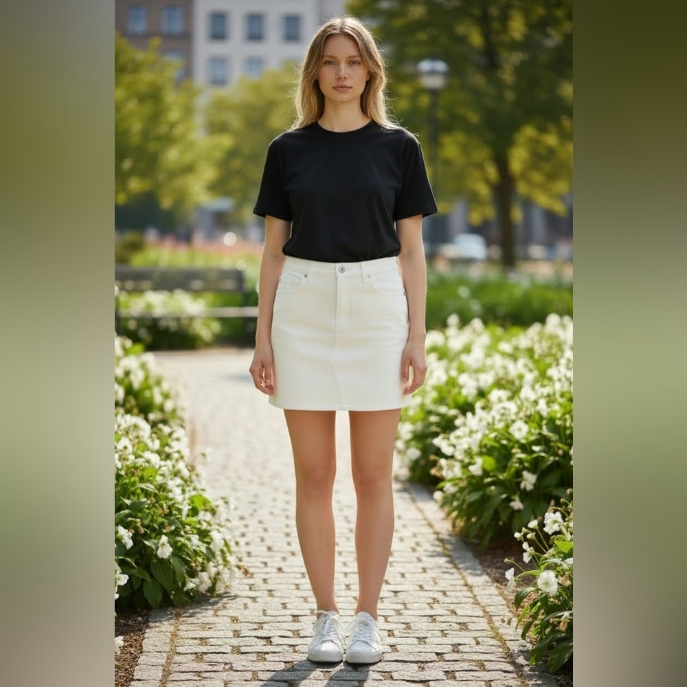 Cute VENUS White Denim Skirt with Crystal Button Size 8 Stretchy Soft Denim EUC